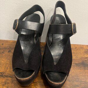 Pedro Garcia Black Suede Peep Toe Ankle Strap Wedge Sandals